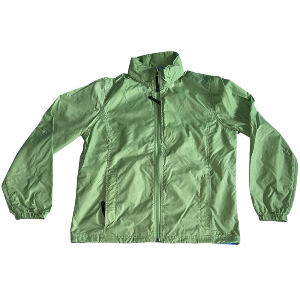 Womens LL Bean 100% Nylon Green Hidden Hoodie Windbreaker w/ Zip Pockets Size M